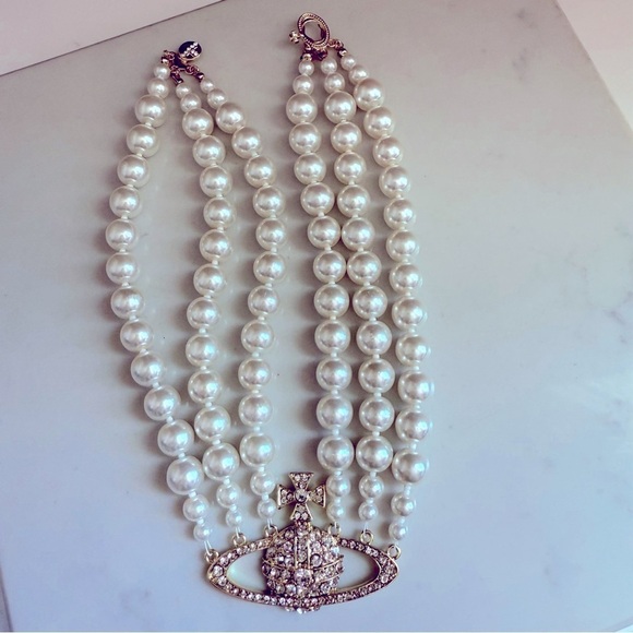 Jewelry - NWOT Elegant Triple Strand Pearl Necklace w Crystal Orb/Cross